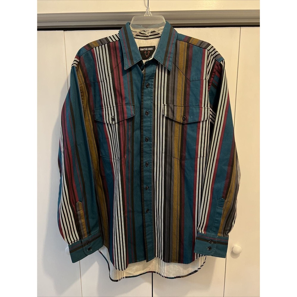 VTG Frontier Series Shirt Mens Sz L Vertical Stripe Western Cowboy‎ HEAVY